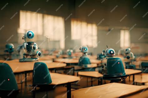Premium Photo Futuristic School Classroom With Robots Behind Desks Ai