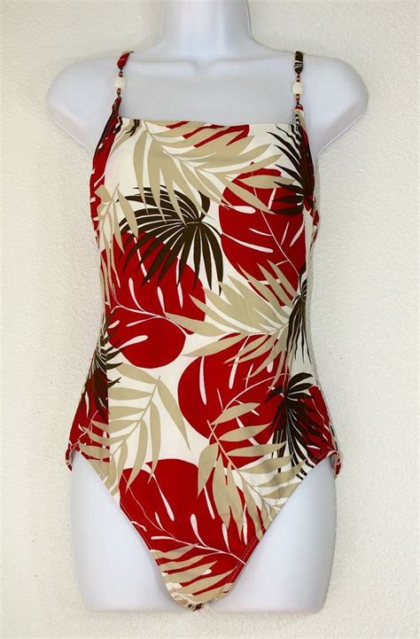 Leilani 1 Pc Swimsuit Tropical Leaves Print ~ Red Beige Brown