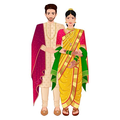 Indian Wedding Marathi Couple Standing With Traditional Wear Nauvari Saree Bride And Groom