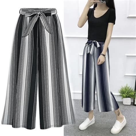 Striped Square Pants Cotton Elastic Waist Thickchiffon Cullotes Fashion