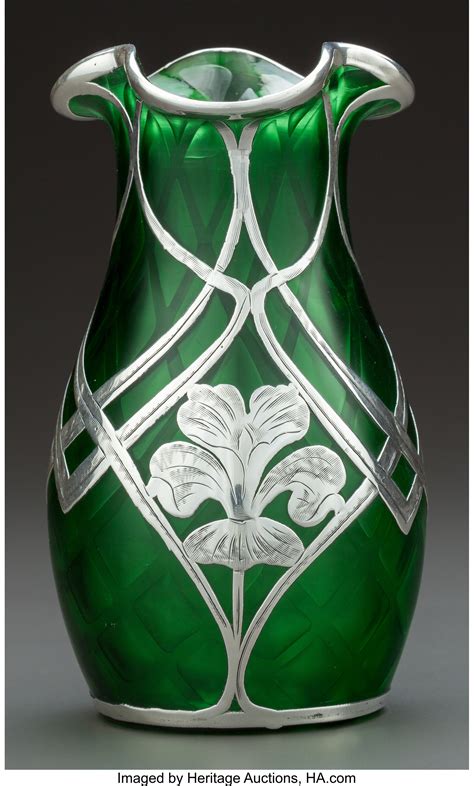 A Steuben Quilted Green Glass Vase With La Pierre Silver Overlay Lot 62320 Heritage Auctions