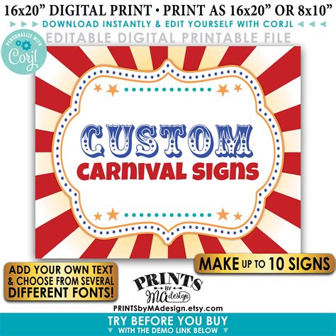 Editable Carnival Signs Circus Theme Birthday Party Make Up To 10