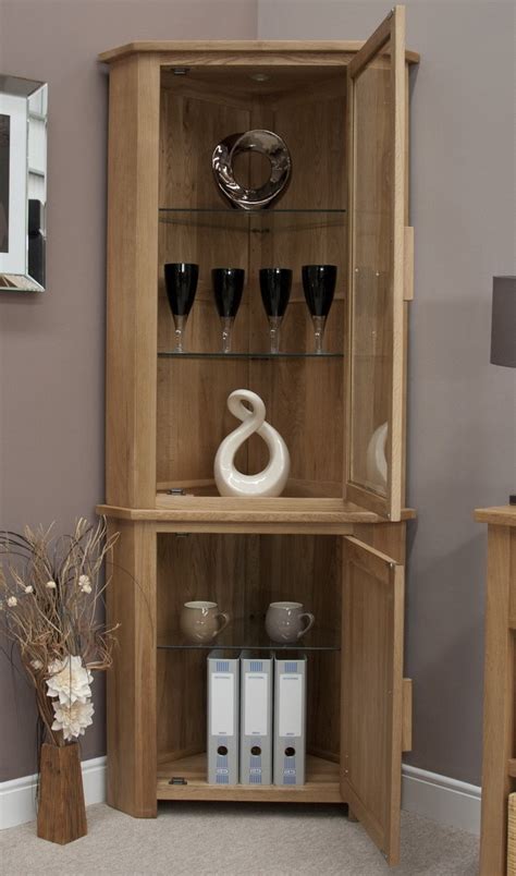 Eton Solid Oak Living Room Furniture Corner Display Cabinet Unit With