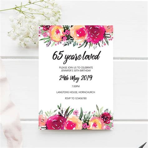 65th Birthday Invitation 65 Years Loved Flower Editable Template 5x7