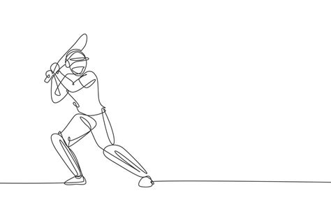 One Continuous Line Drawing Of Young Happy Man Cricket Player Standing