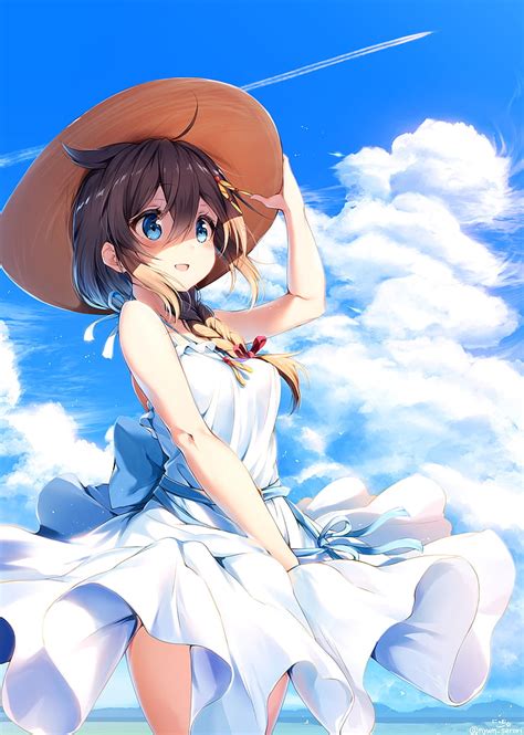 Hd Wallpaper Anime Anime Girls Long Hair Beach Smiling Dress Sky