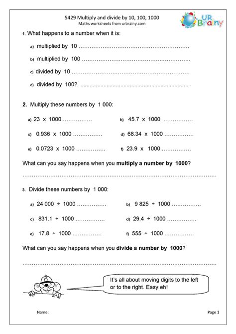 Multiplying And Dividing Decimals By 10 And 100 Worksheet Worksheets