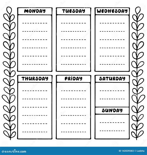 Hand Drawing Black And White Weekly Planner Template Cartoon Vector