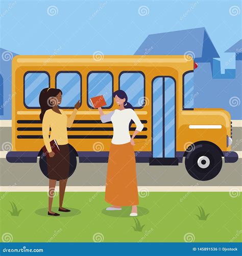 Interracial Female Teachers In Stop Bus Characters Stock Illustration