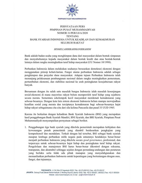 Pernyataan Pers PP Muhammadiyah tentang Bank Syariah Indonesia
