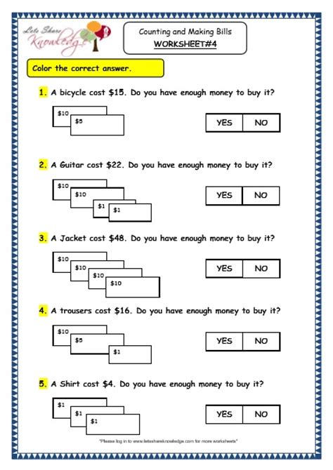1 more or 1 less? Grade 3 Maths Worksheets: (10.4 Counting and Making Bills ...