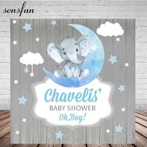 Sensfun Elephant Boys Baby Shower Backdrop Blue Moon Stars Clouds Grey