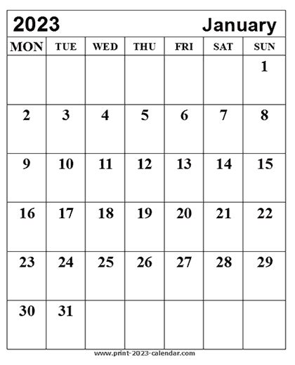 Print January 2023 Calendar