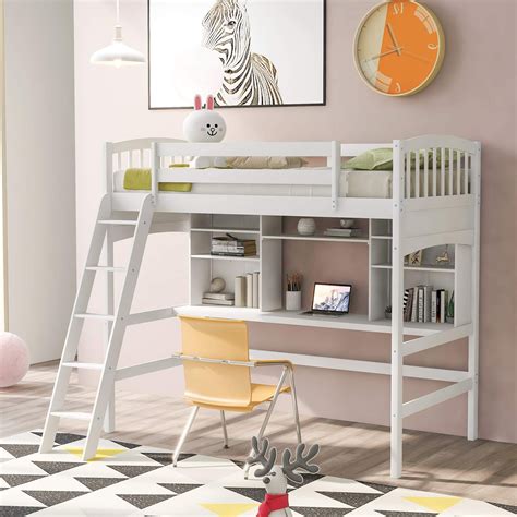 buy softsea twin loft bed with desk and storage shelves solid wood loft beds frame with bookcase