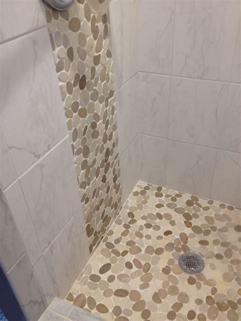 Sliced Java Tan And White Pebble Tile Shower Waterfall Subway