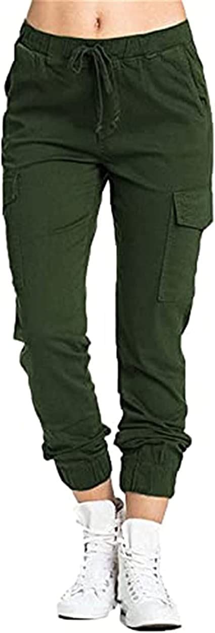 Womens Elastic Waist Cargo Pant Casual Drawstring Pants Ankle Length Jogger Cropped Trousers