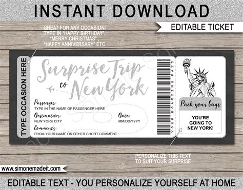 Printable New York Plane Ticket Template Boarding Pass Surprise Nyc