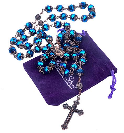 Blue Crystal Beads Rosary Our Father Holy Soil Medal Trinity Cross