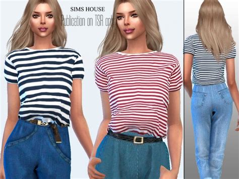 Womens Short Sleeve Striped T Shirt By Sims House At Tsr Sims 4 Updates