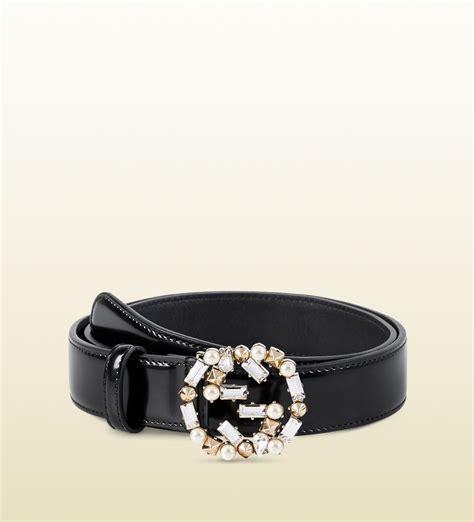 Gucci Leather Belt With Pearl And Crystal Interlocking G Buckle In