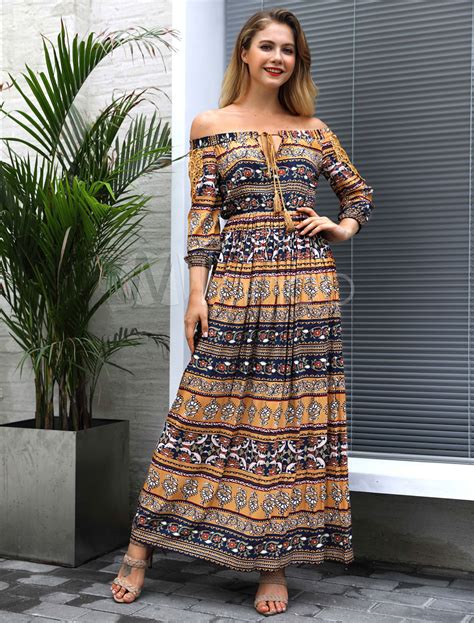 Boho Maxi Dress Long Sleeve Printed Off The Shoulder Lace Bardot Dress