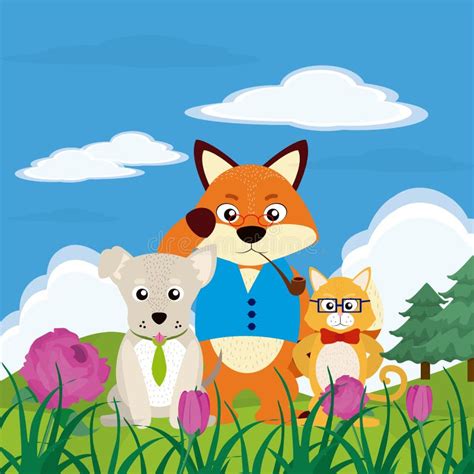 Cute Animals On Nature Cartoons Stock Vector Illustration Of Wild