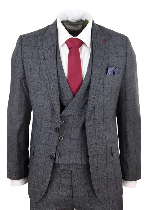 mens 3 piece grey check suit with double breasted waistcoat happy gentleman