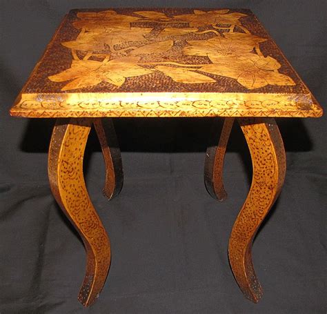 Nicely Burned Antique Pyrography Flemish Art Table Judys Lovelies