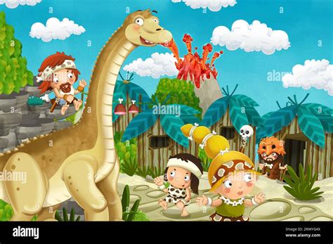 Cartoon Cavemen Village Scene With Volcano And Dinosaur Diplodocus In The Background
