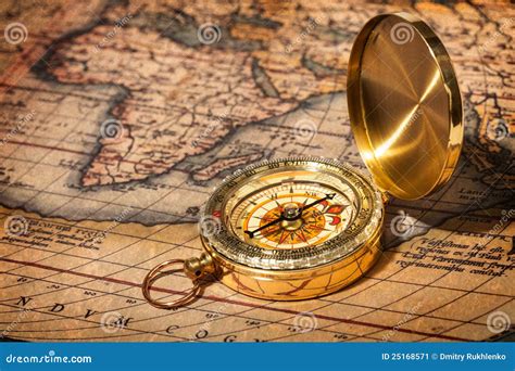 Old Vintage Golden Compass On Ancient Map Royalty Free Stock