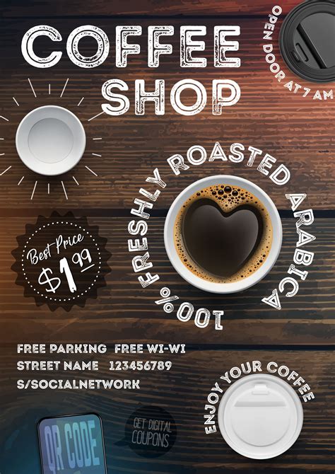 Coffee Shop Flyer Template On Vintage Wood Texture Background