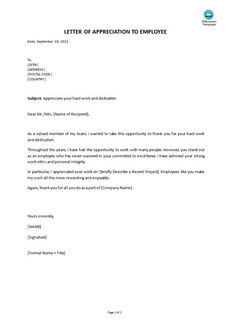 Kostenloses Employee Appreciation Letter For Hard Work And Dedication