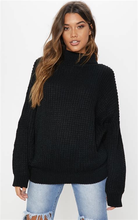 black oversized high neck knitted jumper prettylittlething