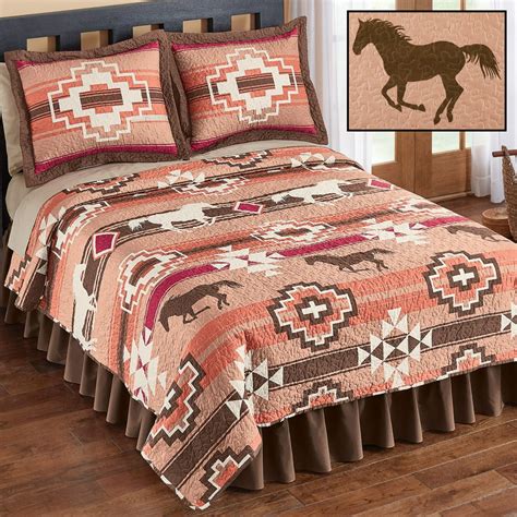 Southwest Native Aztec Terracotta Brown And Burgundy Horses King Quilt