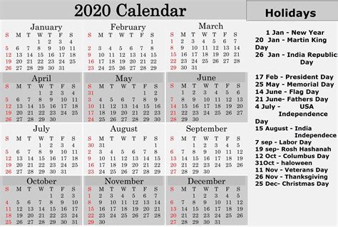 2020 List Of Holidays Printable Calendar Template Printable