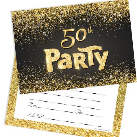 Black And Gold Effect 50th Birthday Party Invitations Ready To Write