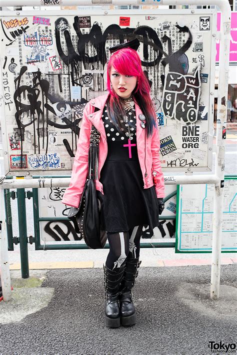 Korn Fan W Pink Hair Pink Leather Jacket And Demonia Boots In Harajuku