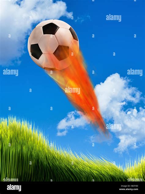 Soccer Ball On Fire And Flying Fast In The Sky Stock Photo Alamy