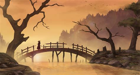 Art Asia Bridge Samurai Men River Tree Hd Wallpaper