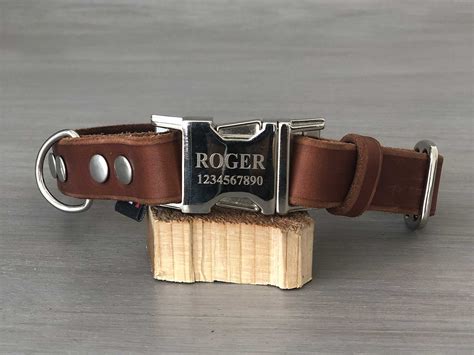Engraved Buckle Leather Dog Collar 5 Leather Colors Quick Release