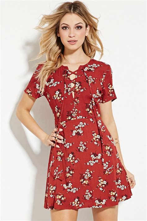 Lace Up Floral Dress Red Dress Sleeves Floral Dress Short Sleeve