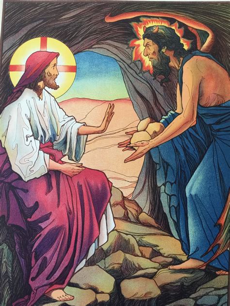 Superb Chromolithograph Of Jesus Christ Being Tempted By The Devil