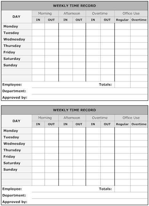 Weekly Time Record Time Sheet Printable Sign In Sheet Template