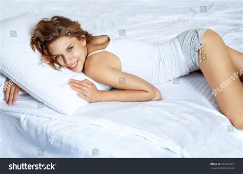 Laying Bed Beautiful Brunette Woman Lying Stock Photo