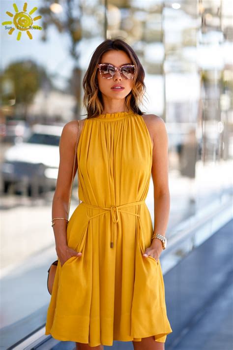 Womens Summer Dresses 2015 Summer Yellow Dress Women New Fashion Style Mustard Yellow Pile