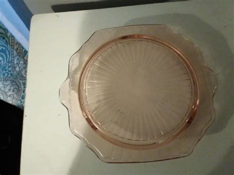 Vintage Pink Depression Glass Cake Plate Handles With Pressed Poppies