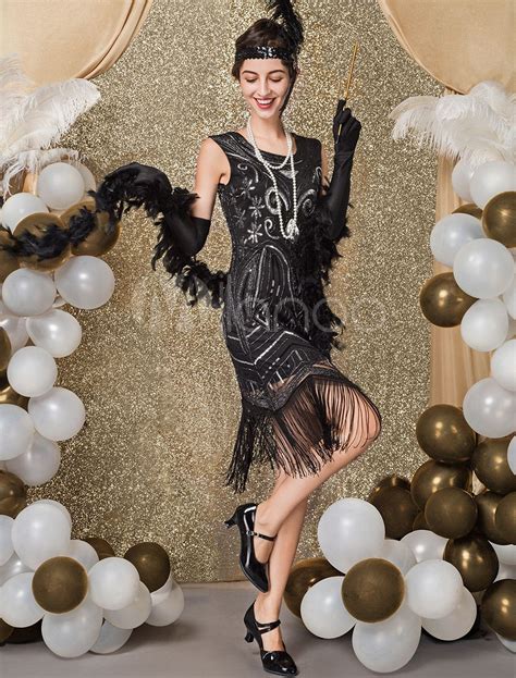 Great Gatsby Flapper Dress 1920s Vintage Costume Womens Black Sequined