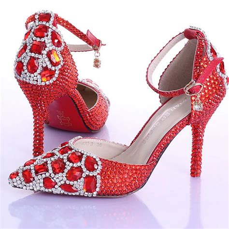 Gorgeous Pointed Toe Bridal High Heel Shoes Red Rhinestone Crystal Wedding Shoes With Ankle