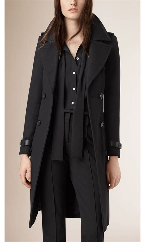Leather Trim Wool Cashmere Trench Coat In Black Women Burberry