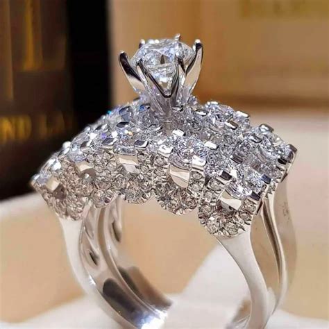 Luxury Female Big Zircon Stone Ring Set Cute 925 Silver Crystal Bridal